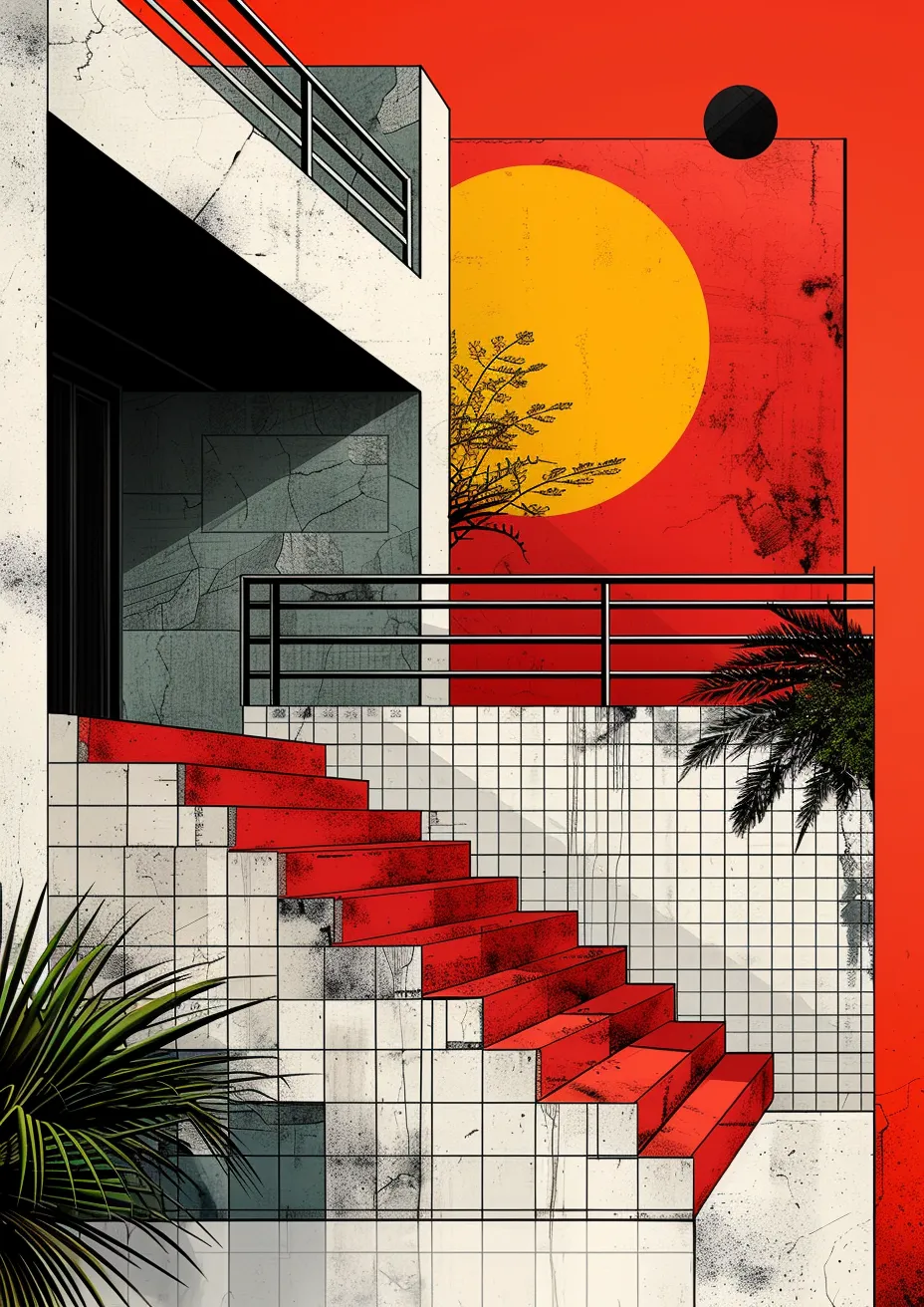 Metal Poster 29.7cm x 42cm Frenchiart Red scale design Paint Malen Modern art Arte moderno Art moderne Arte moderna Pintar Colore Peinture Progetto Diseño Graphique Grafica Grafik Gráficos Graphics Conception Conception graphique Graphic design Diseño gráfico Grafikdesign Rot Rouge Rosso Rojo Stairs Escaliers Escaleras Treppe Thumbnail 1