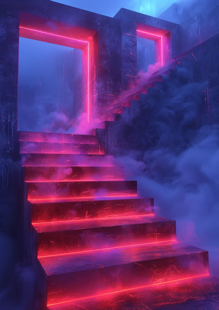 Metal Poster 29.7cm x 42cm Frenchiart Red scale night neon design Progetto Diseño Conception Notte Noche Nuit Nacht Lens flare Rot Rouge Rosso Rojo Stairs Escaliers Escaleras Treppe Poussée d'objectif Bengala de lente Linsenflackern Aumentare dell'obiettivo Thumbnail 1