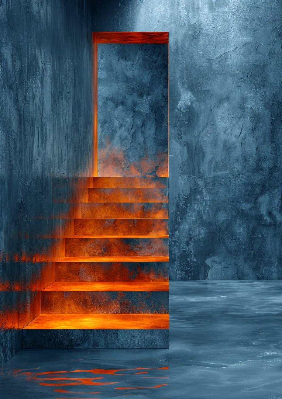 Metal Poster 29.7cm x 42cm Frenchiart blue orange scale design Still life photography Photographie de nature morte Paint Malen Arancia Modern art Arte moderno Art moderne Arte moderna Naranja Pintar Colore Peinture Progetto Diseño Conception Schatten Ombra Ombre Chaleur Shadow Hitze Sombra Calore Heat Calor Blu Bleu Azul Blau Stairs Escaliers Escaleras Treppe Fotografía de la vida muerta Stilllebensfotografie Fotografia di Still Life Thumbnail 1