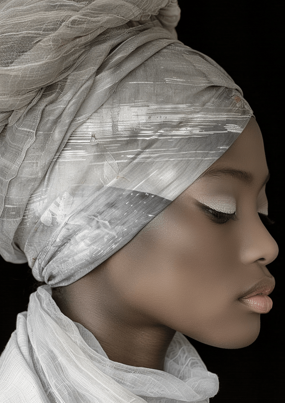 Metal Poster 29.7cm x 42cm Frenchiart black Noir Negro Nero Schwarz Fotografia di ritratto Portrait photography Photographie de portrait Porträtfotografie Fashion design Diseño de moda Stylisme Modedesign Scarf Foulard Bufanda Schal Sciarpa Wrap Envelopper Envoltura Wickeln Avvolgere Turban Turbante Fotografía de retratos Design di moda Thumbnail 1