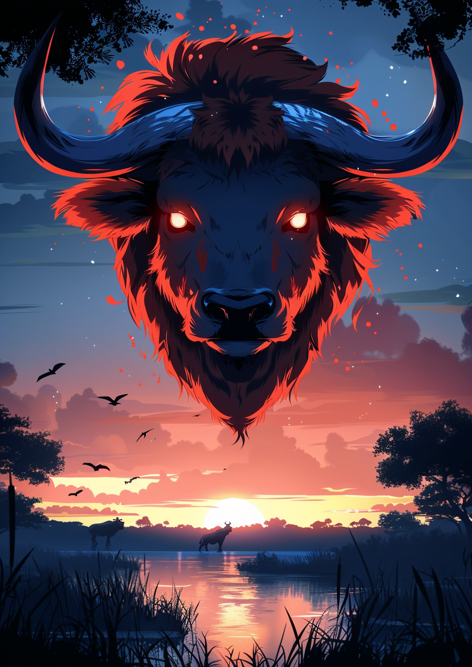 Metal Poster 29.7cm x 42cm Frenchiart ox bull horn animation Animal terrestre Animale terrestre Terrestrial animal Snout Hocico Schnauze Muso Museau Animazione Animación Cielo rosso al mattino Roter Himmel am Morgen Red sky at morning Crépuscule Crepuscolo Dämmerung Oscuridad Dusk Arbeitstier Animal de travail Animale da lavoro Working animal Corne Bocina Corno Toro Bovinae Bœuf Taureau Buey Stier Ochse Bue Ciel rouge le matin Animal que trabaja Cielo rojo en la mañana Terrestrisches Tier Thumbnail 1