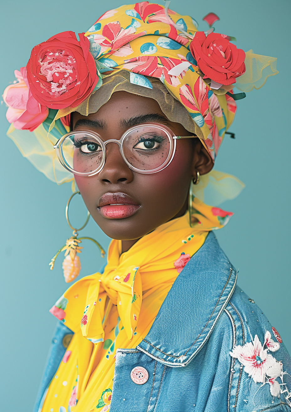 Metal Poster 29.7cm x 42cm Frenchiart sunglasses yellow Model Gelb Amarillo Jaune Giallo Moda Fashion Mode Modello Modèle Copricapo Headpiece Fuente Casque Casco Modell Modelo Sonnenbrille Gafas de sol Lunettes Occhiali Lunettes de soleil Occhiali da sole Goggles Gafas de protección Brille Makeover Relooking Kopfbedeckung Headgear Turban Turbante Renovación Restyling Thumbnail 1