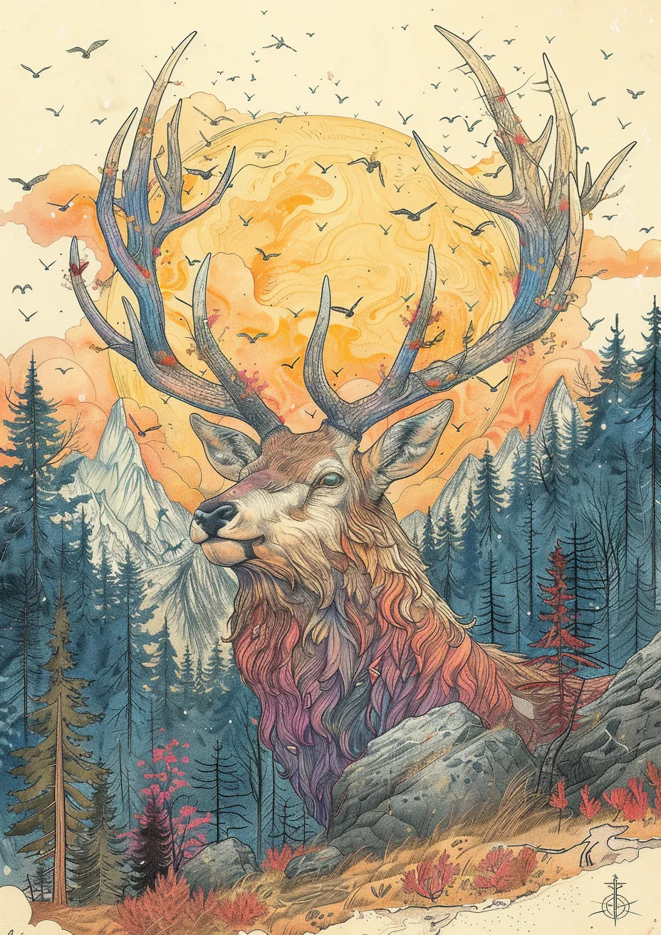 Metal Poster 29.7cm x 42cm Frenchiart horn Paint Faune Malen Wildlife Pintura de arte Art Paint Animali selvatici Pintar Colore Fauna Peinture Tierwelt Pintura de acuarela Pittura ad acquerello Aquarellmalerei Watercolor painting Acrylic paint Peinture acrylique Acrylfarbe Pintura acrílica Vernice acrilica Antler Reindeer Ramure Corne Renne Cuerno Bocina Reno Geweih Ren Corna Corno Renna Conifers Conifères Coníferas Nadelbäume Conifere Elk Wapiti Alce Elch Vernice d'arte Peinture aquarelle Art Farbe Peinture d'art
