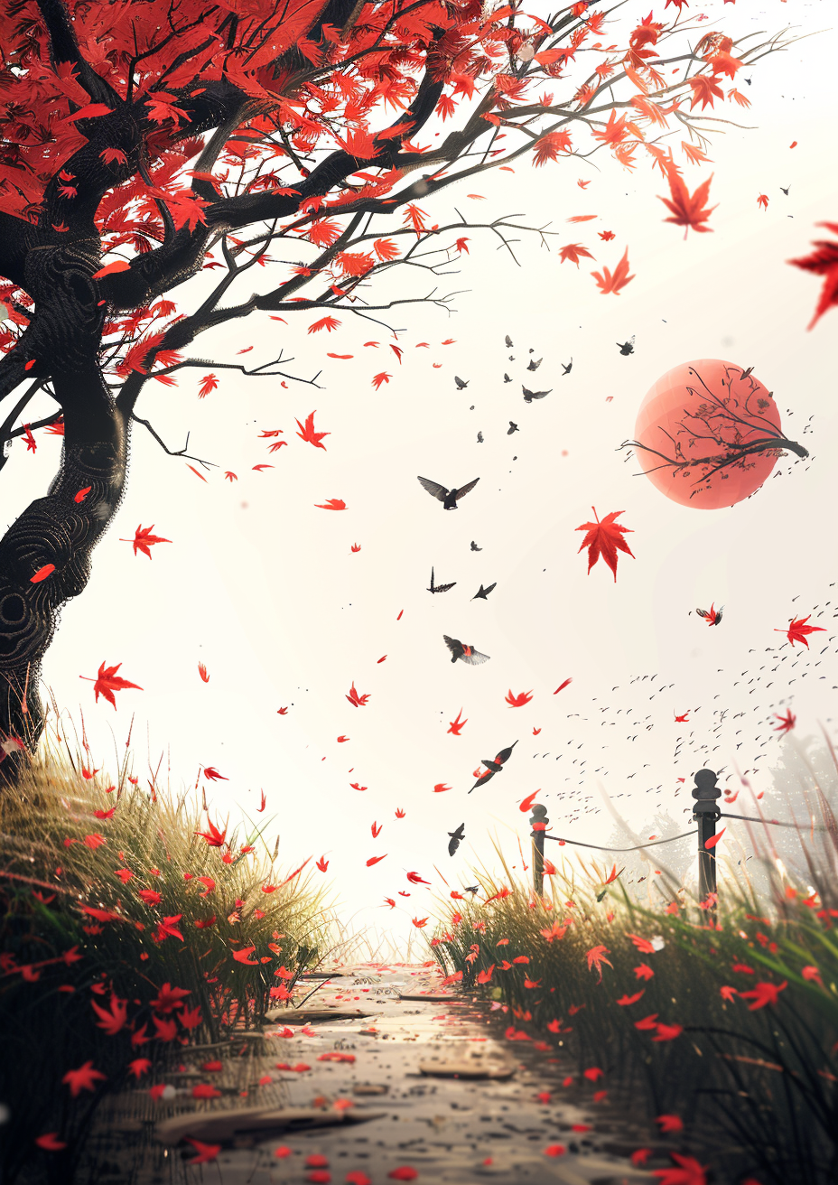 Metal Poster 29.7cm x 42cm Frenchiart Red Viento Wind Vent Vento Vogel Oiseau Bird Pájaro Uccello Autunno Otoño Automne Herbst Autumn Rot Rouge Rosso Rojo Twig Brindille Ramita Zweig Ramoscello Branch Bifurquer Rama Ramo Acero Maple Érable Arce Ahorn Thumbnail 1