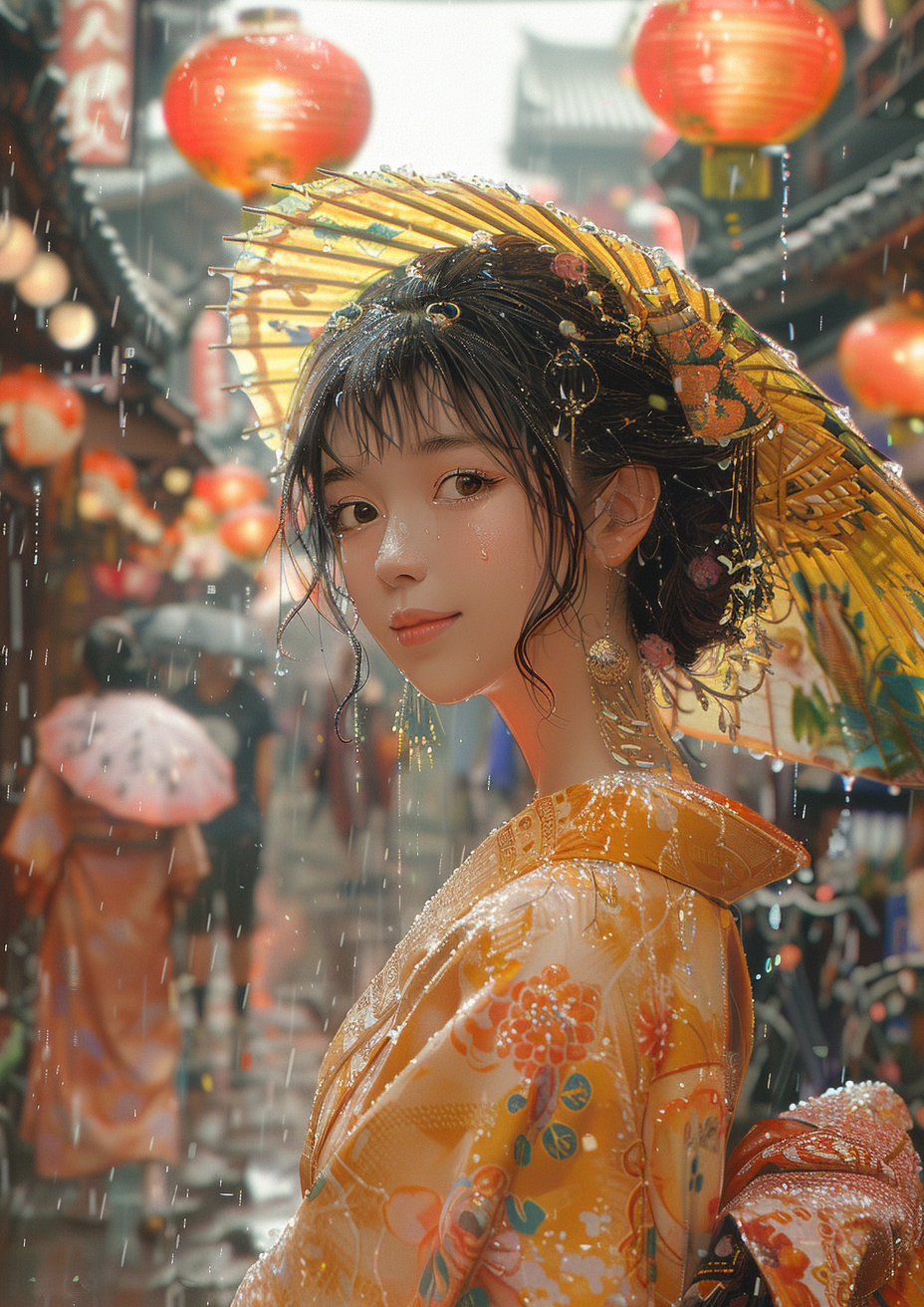 Metal Poster 29.7cm x 42cm Frenchiart kimono umbrella tradition Costume Kostüm Traje Schwarze Haare Cheveux noirs Capelli neri Cabello negro Black hair Tradición Tradizione Temple Templo Tempel Tempio Chimono Parapluie Paraguas Regenschirm Ombrello Thumbnail 1