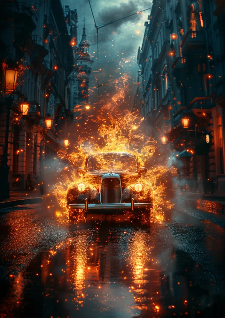 Metal Poster 29.7cm x 42cm Frenchiart car fire llama night auto Fiamma Feu Chaleur Hitze Feuer Flamme Calore Fuoco Flame Fuego Heat Calor Notte Noche Nuit Nacht Smoke Fumo Rauch Fumée Fumar Classic car Headlamp Voiture classique Coche clásico Lámpara de cabeza Scheinwerfer Lampe Automotive lighting Voiture Éclairage automobile Iluminación automotriz Antique car Coche antiguo Klassiker Auto classica Automobilbeleuchtung Illuminazione automobilistica Antiquaire Antiquitätenauto Auto antica Proiettore Thumbnail 1